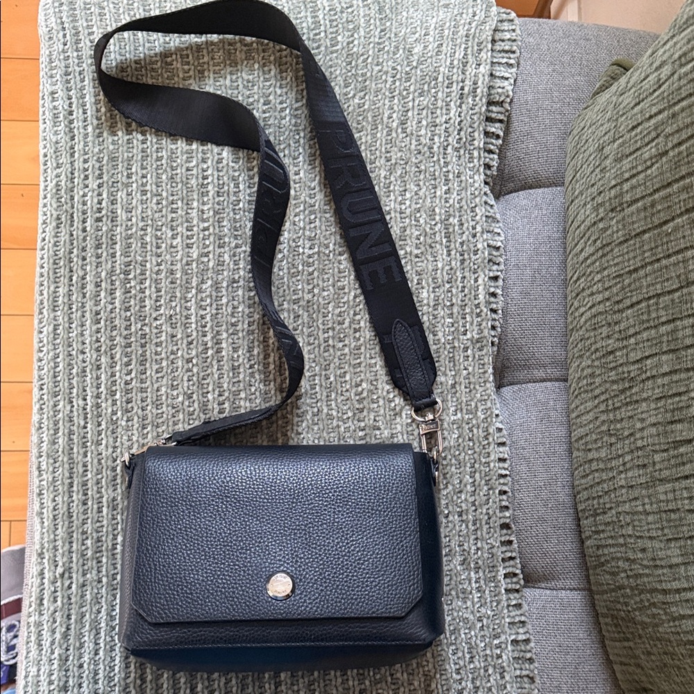 Prune Black Pebbled Crossbody Bag with Logo Strap